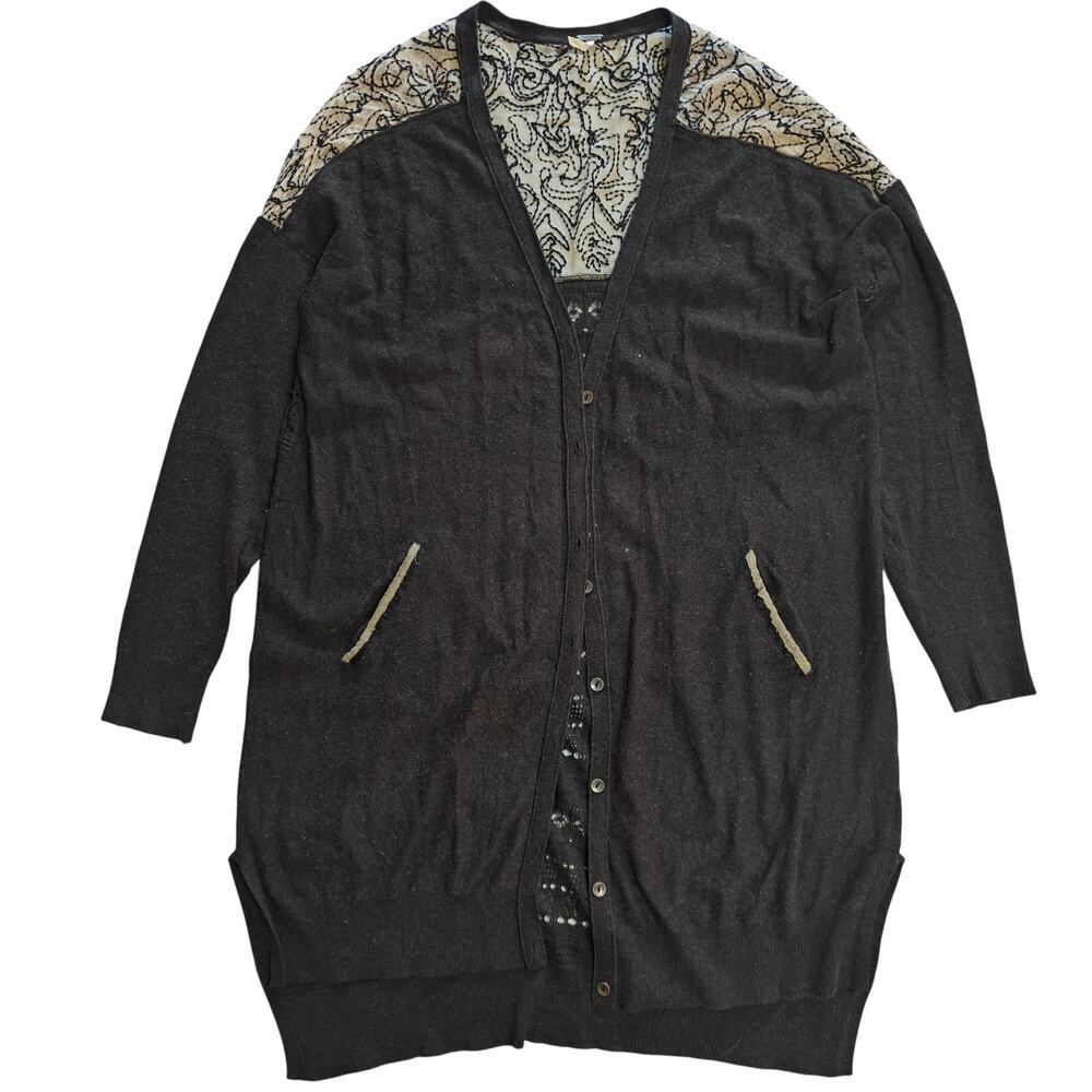Free People Charcoal Button Cardigan Embroidered Sheer Back Boho Sweater